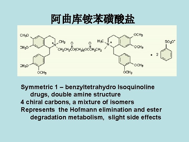 阿曲库铵苯磺酸盐 Symmetric 1 – benzyltetrahydro Isoquinoline drugs, double amine structure 4 chiral carbons, a 阿曲库铵苯磺酸盐 Symmetric 1 – benzyltetrahydro Isoquinoline drugs, double amine structure 4 chiral carbons, a