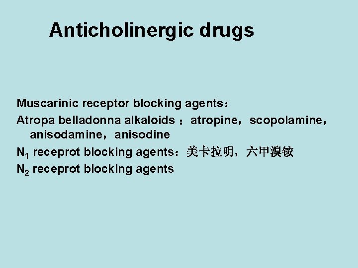 Anticholinergic drugs Muscarinic receptor blocking agents: Atropa belladonna alkaloids :atropine,scopolamine, anisodamine,anisodine N 1 receprot Anticholinergic drugs Muscarinic receptor blocking agents: Atropa belladonna alkaloids :atropine,scopolamine, anisodamine,anisodine N 1 receprot