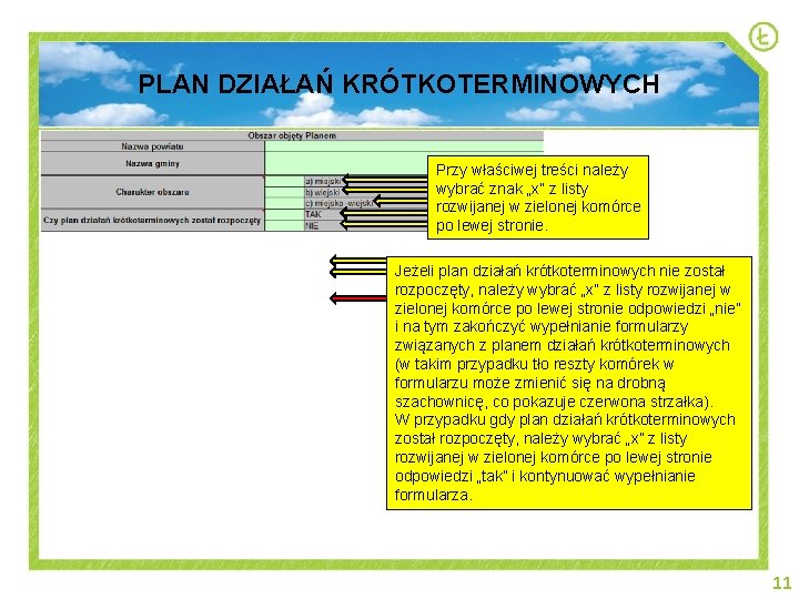 PLAN DZIAŁAŃ KRÓTKOTERMINOWYCH Przy właściwej treści należy wybrać znak „x” z listy rozwijanej w