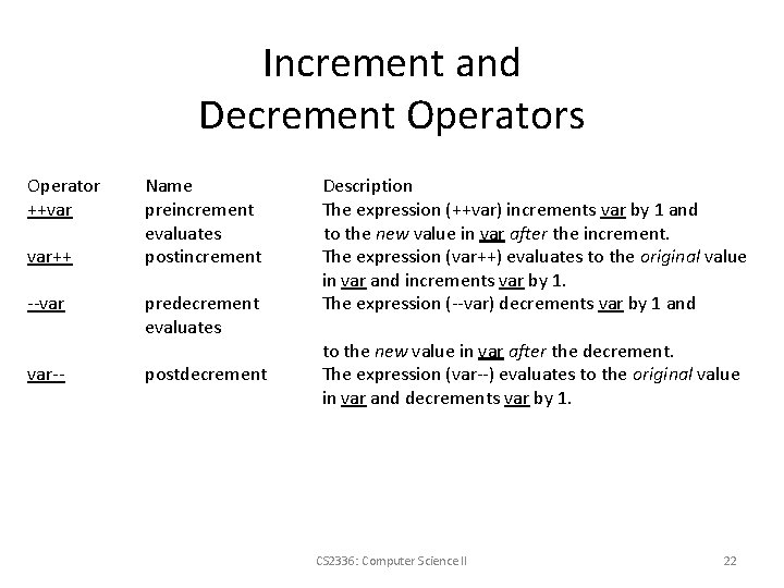 Increment and Decrement Operators Operator ++var var++ --var var-- Name preincrement evaluates postincrement predecrement