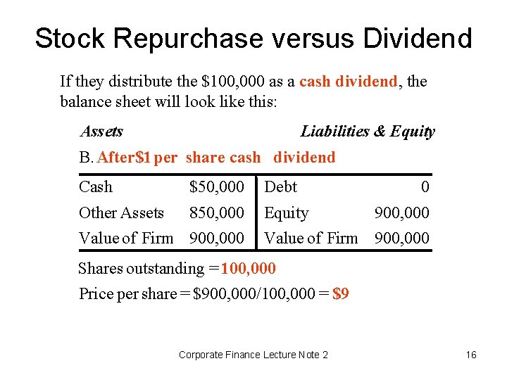 Stock Repurchase versus Dividend If they distribute the $100, 000 as a cash dividend,