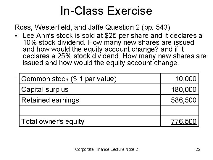 In-Class Exercise Ross, Westerfield, and Jaffe Question 2 (pp. 543) • Lee Ann’s stock