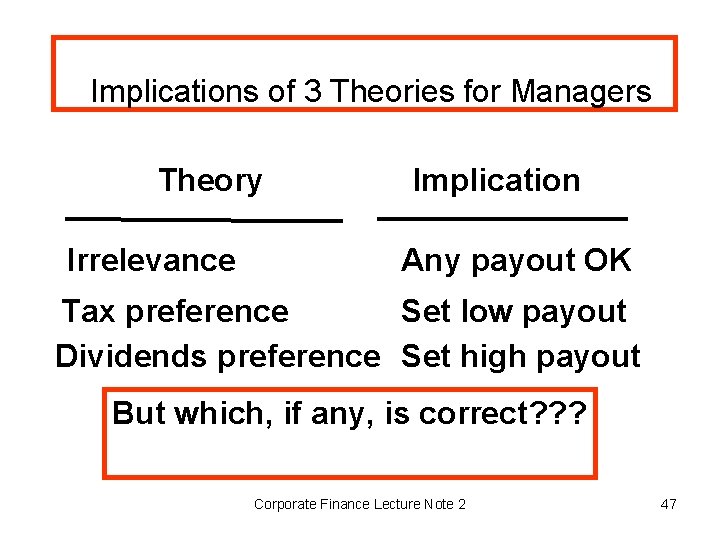 Implications of 3 Theories for Managers Theory Irrelevance Implication Any payout OK Tax preference