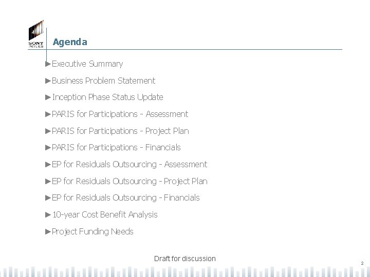 Agenda ►Executive Summary ►Business Problem Statement ►Inception Phase Status Update ►PARIS for Participations -