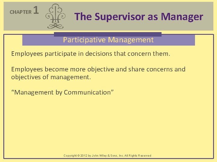CHAPTER 1 The Supervisor as Manager Participative Management Employees participate in decisions that concern