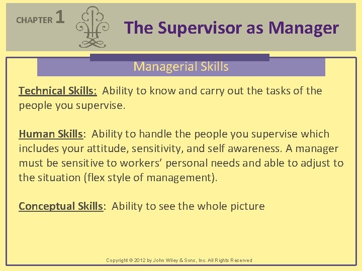 CHAPTER 1 The Supervisor as Managerial Skills Technical Skills: Ability to know and carry