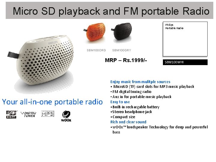 Micro SD playback and FM portable Radio Philips Portable Radio SBM 100 ORG SBM