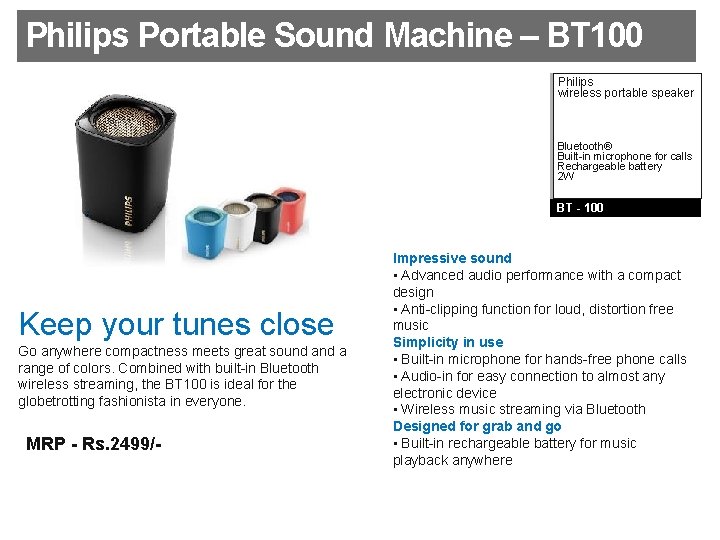 Philips Portable Sound Machine – BT 100 Philips wireless portable speaker Bluetooth® Built-in microphone