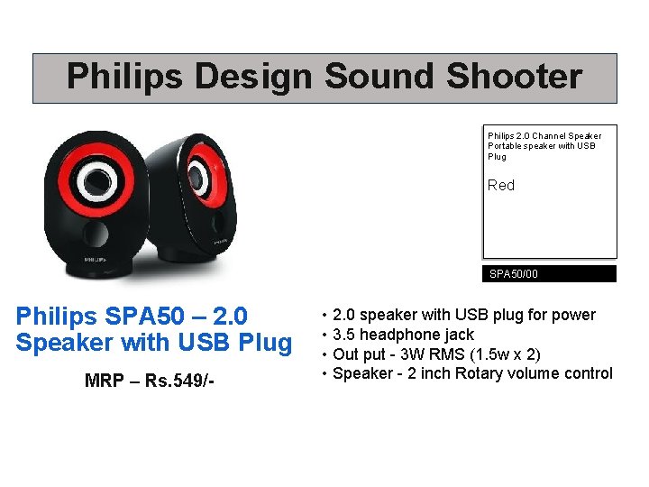 Philips Design Sound Shooter Philips 2. 0 Channel Speaker Portable speaker with USB Plug