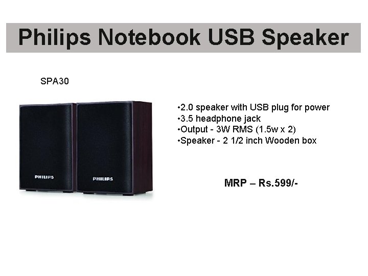 Philips Notebook USB Speaker SPA 30 • 2. 0 speaker with USB plug for