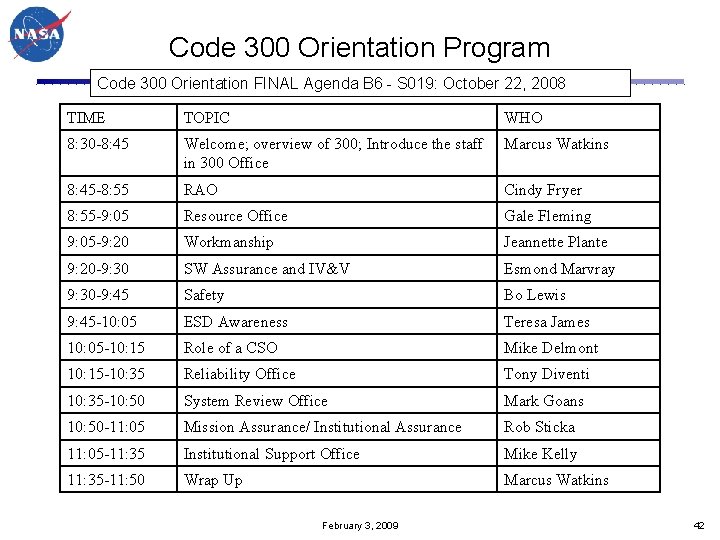 Code 300 Orientation Program Code 300 Orientation FINAL Agenda B 6 - S 019: