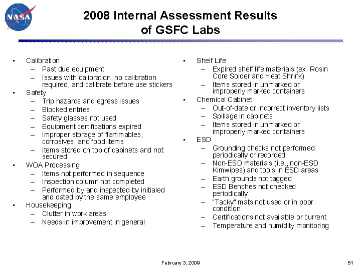 2008 Internal Assessment Results of GSFC Labs • • Calibration – Past due equipment