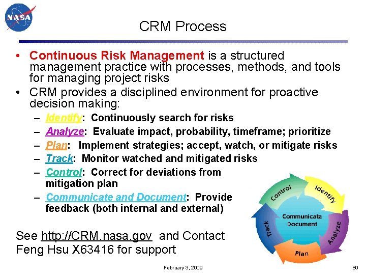 CRM Process • Continuous Risk Management is a structured management practice with processes, methods,