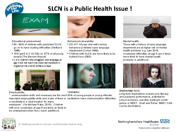 SLCN is a Public Health Issue ! Educational achievement: • 50 - 90% of