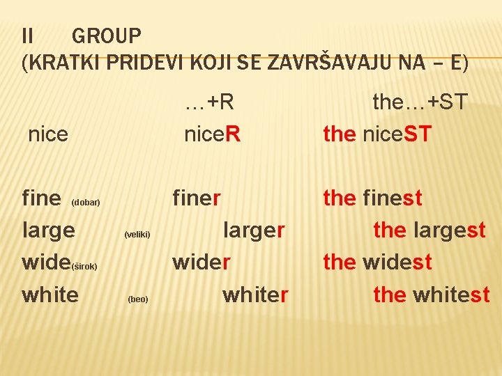 II GROUP (KRATKI PRIDEVI KOJI SE ZAVRŠAVAJU NA – E) …+R nice fine large