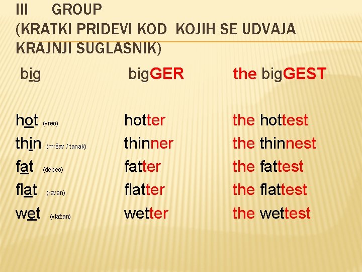 III GROUP (KRATKI PRIDEVI KOD KOJIH SE UDVAJA KRAJNJI SUGLASNIK) big hot thin fat