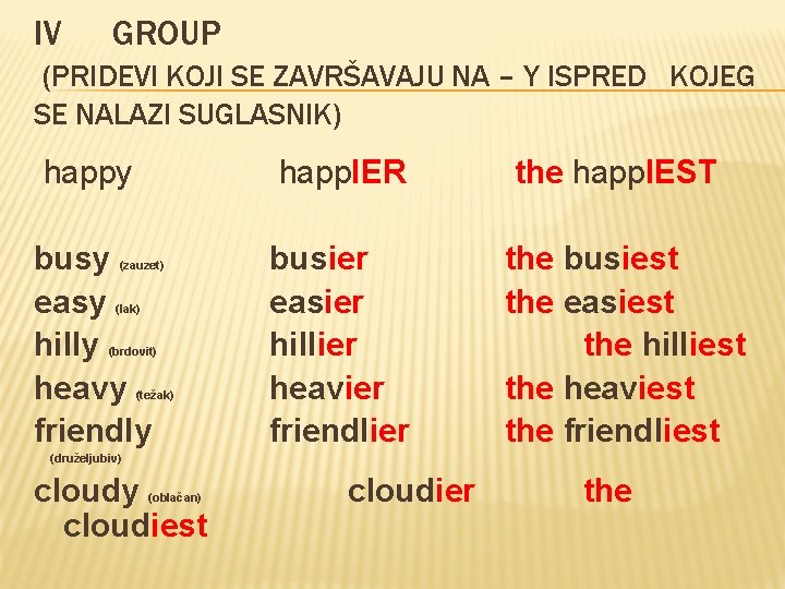 IV GROUP (PRIDEVI KOJI SE ZAVRŠAVAJU NA – Y ISPRED KOJEG SE NALAZI SUGLASNIK)