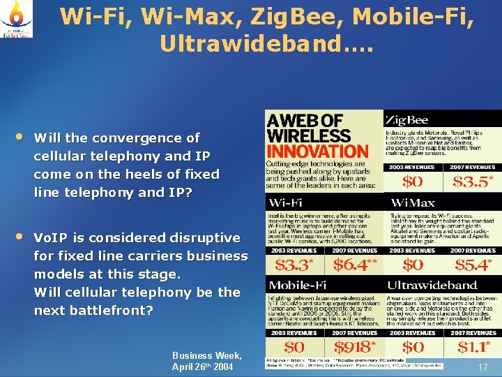 Wi-Fi, Wi-Max, Zig. Bee, Mobile-Fi, Ultrawideband…. • Will the convergence of cellular telephony and