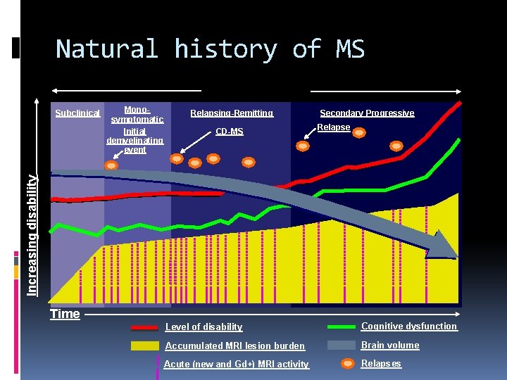 Natural history of MS Monosymptomatic Initial demyelinating event Relapsing-Remitting CD-MS Secondary Progressive Relapse Increasing