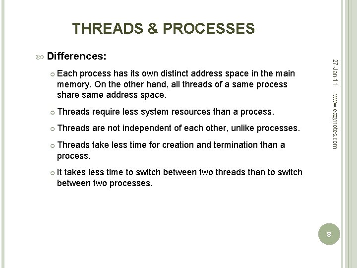 THREADS & PROCESSES Threads require less system resources than a process. Threads are not