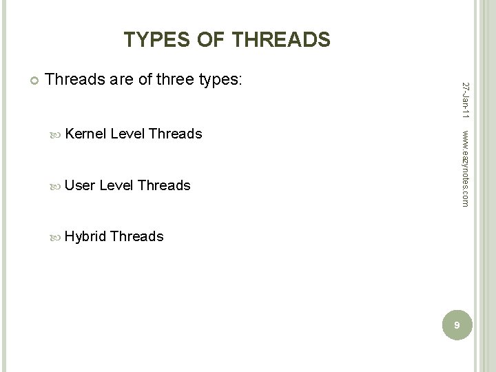 TYPES OF THREADS Threads are of three types: User Level Threads www. eazynotes. com