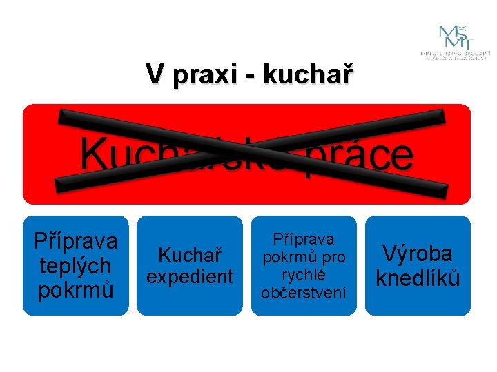 V praxi - kuchař Kuchařské práce Příprava teplých pokrmů Kuchař expedient Příprava pokrmů pro