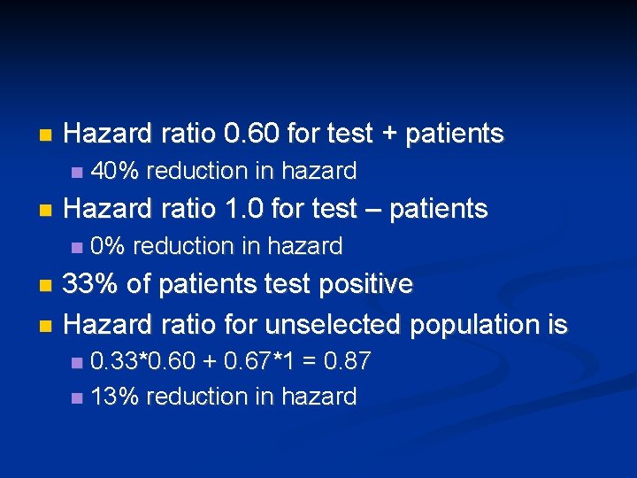 n Hazard ratio 0. 60 for test + patients n n 40% reduction in