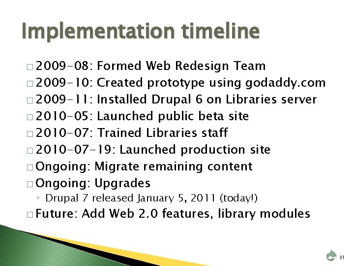 Implementation timeline � 2009 -08: Formed Web Redesign Team � 2009 -10: Created prototype