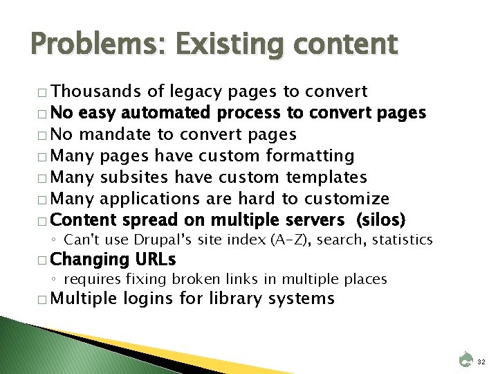Problems: Existing content � Thousands of legacy pages to convert � No easy automated