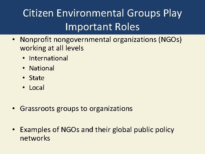 Citizen Environmental Groups Play Important Roles • Nonprofit nongovernmental organizations (NGOs) working at all