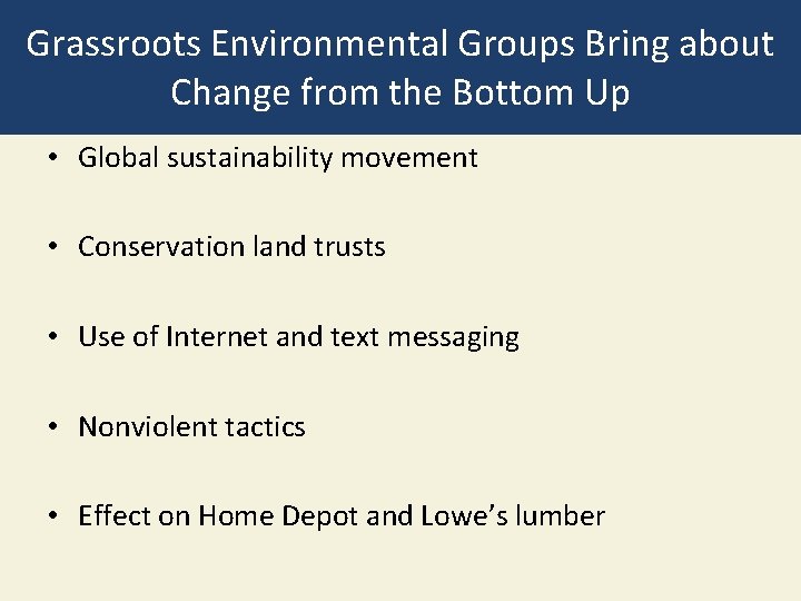 Grassroots Environmental Groups Bring about Change from the Bottom Up • Global sustainability movement