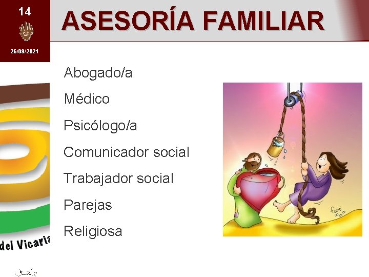 14 ASESORÍA FAMILIAR 26/09/2021 Abogado/a Médico Psicólogo/a Comunicador social Trabajador social Parejas Religiosa 