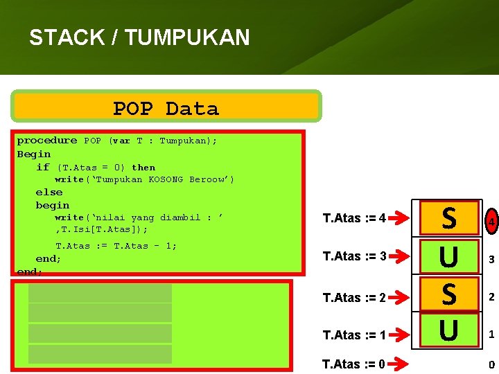 STACK / TUMPUKAN POP Data procedure POP (var T : Tumpukan); Begin if (T.