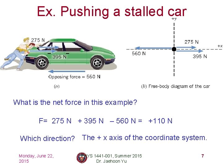 Ex. Pushing a stalled car What is the net force in this example? F=