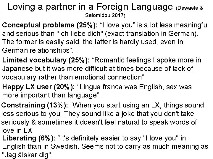 Loving a partner in a Foreign Language (Dewaele & Salomidou 2017) Conceptual problems (25%):
