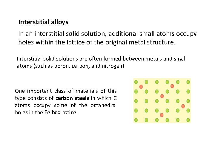 Interstitial alloys In an interstitial solid solution, additional small atoms occupy holes within the