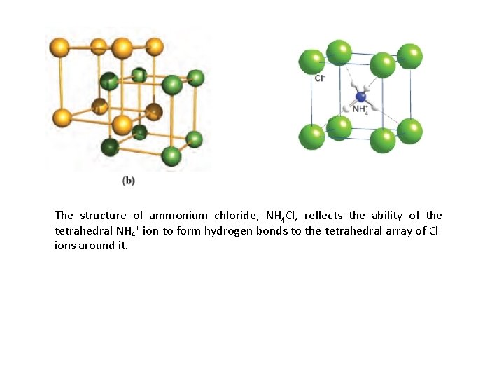 The structure of ammonium chloride, NH 4 Cl, reflects the ability of the tetrahedral