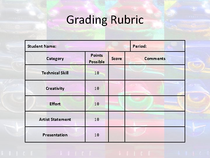 Grading Rubric Student Name: Period: Category Points Possible Technical Skill 10 Creativity 10 Effort