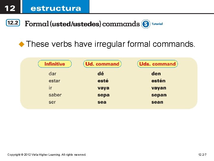 u These verbs have irregular formal commands. Copyright © 2012 Vista Higher Learning. All