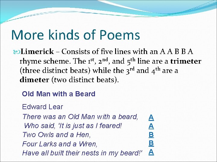 More kinds of Poems Limerick – Consists of five lines with an A A