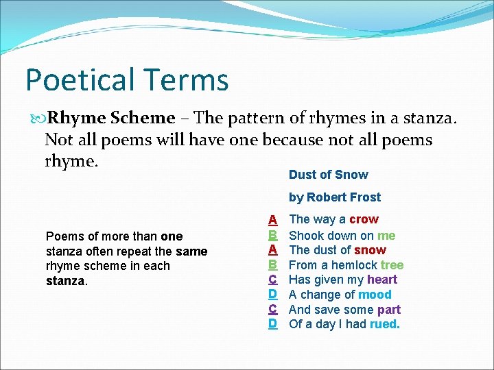 Poetical Terms Rhyme Scheme – The pattern of rhymes in a stanza. Not all