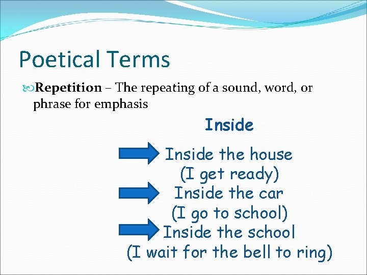 Poetical Terms Repetition – The repeating of a sound, word, or phrase for emphasis