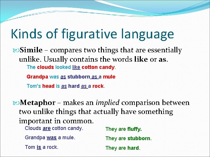 Kinds of figurative language Simile – compares two things that are essentially unlike. Usually