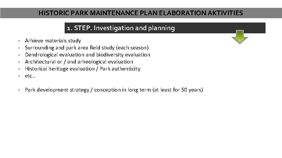 HISTORIC PARK MAINTENANCE PLAN ELABORATION AKTIVITIES 1. STEP. Investigation and planning - Arhieve materials