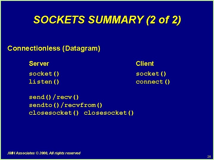 SOCKETS SUMMARY (2 of 2) Connectionless (Datagram) Server socket() listen() Client socket() connect() send()/recv()