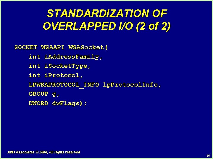 STANDARDIZATION OF OVERLAPPED I/O (2 of 2) SOCKET WSAAPI WSASocket( int i. Address. Family,