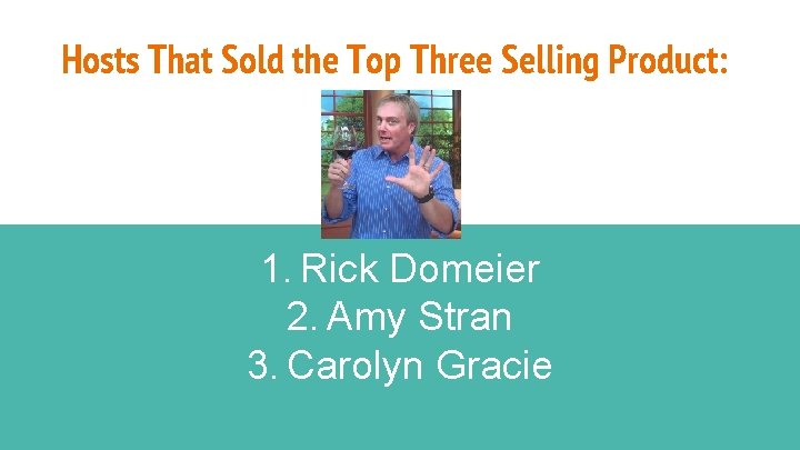 Hosts That Sold the Top Three Selling Product: 1. Rick Domeier 2. Amy Stran