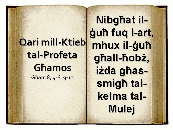 Nibgħat ilġuħ fuq l-art, Qari mill-Ktieb mhux il-ġuħ tal-Profeta għall-ħobż, Għamos iżda għas. Għam