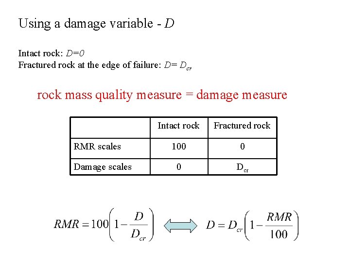 Using a damage variable - D Intact rock: D=0 Fractured rock at the edge Using a damage variable - D Intact rock: D=0 Fractured rock at the edge