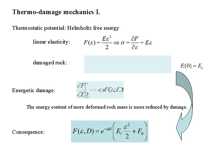 Thermo-damage mechanics I. Thermostatic potential: Helmholtz free energy linear elasticity: damaged rock: Energetic damage: Thermo-damage mechanics I. Thermostatic potential: Helmholtz free energy linear elasticity: damaged rock: Energetic damage: